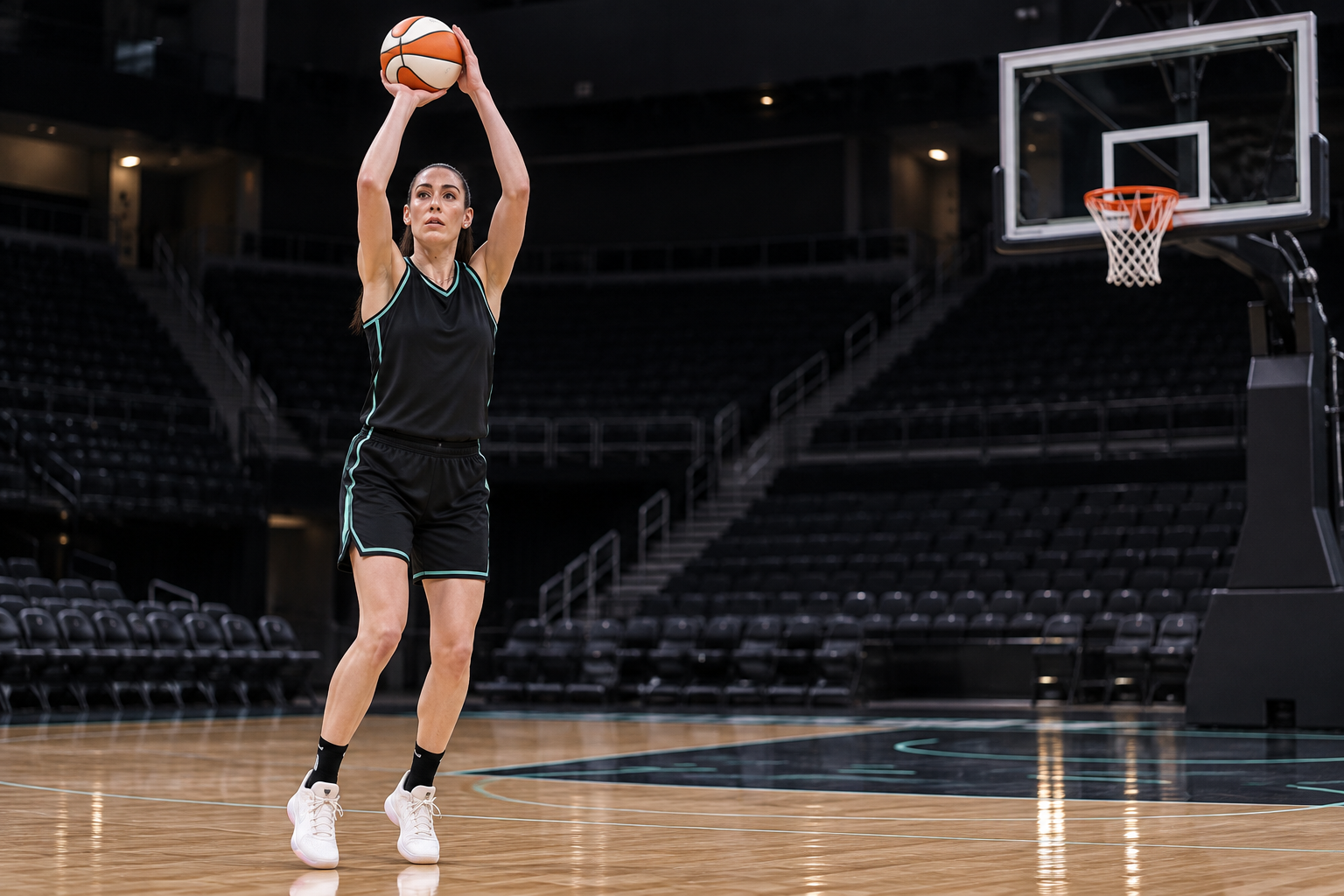AI-generated editorial illustration of Breanna Stewart practising on court