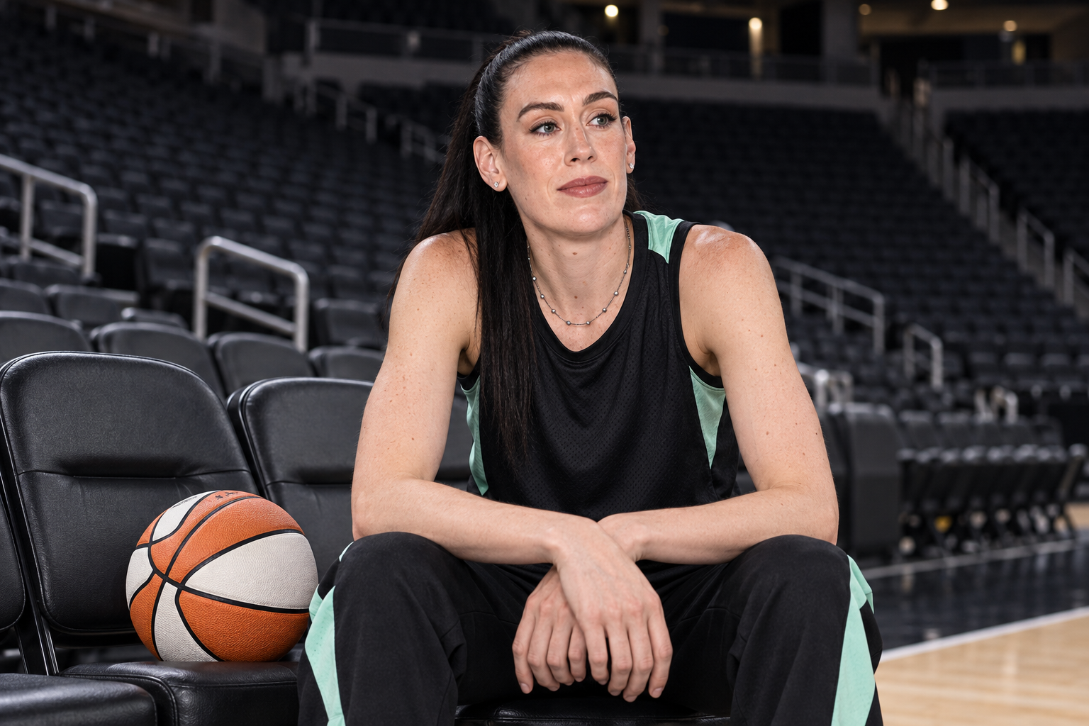 AI-generated editorial illustration of Breanna Stewart in an empty basketball arena
