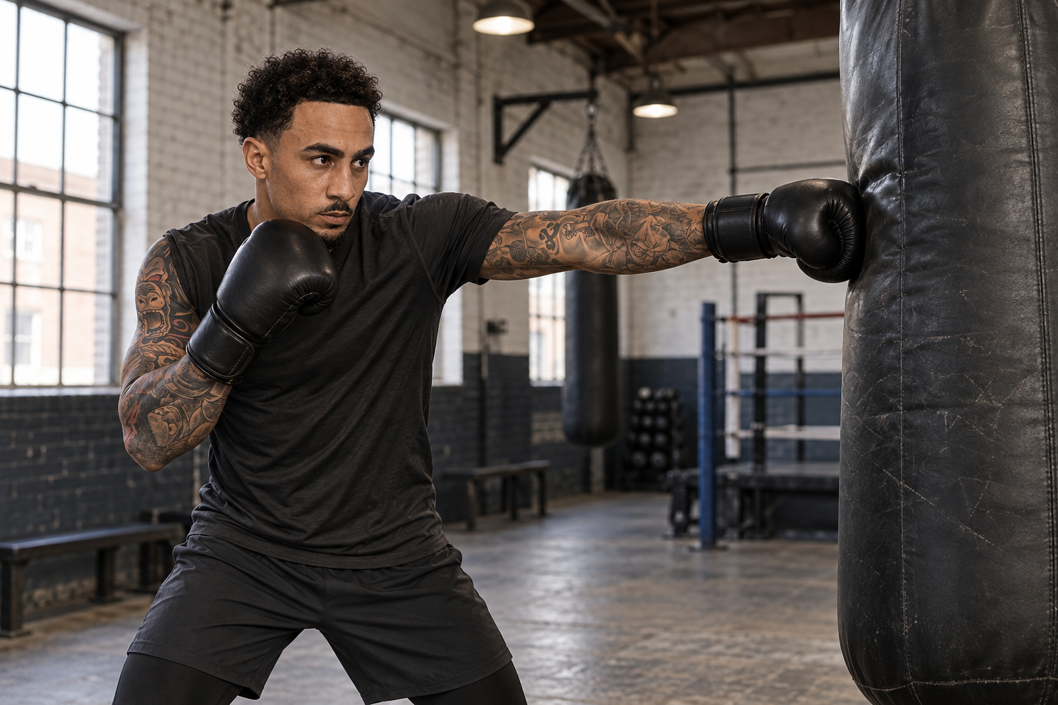 AI-generated editorial illustration of Ben Whittaker working in a boxing gym