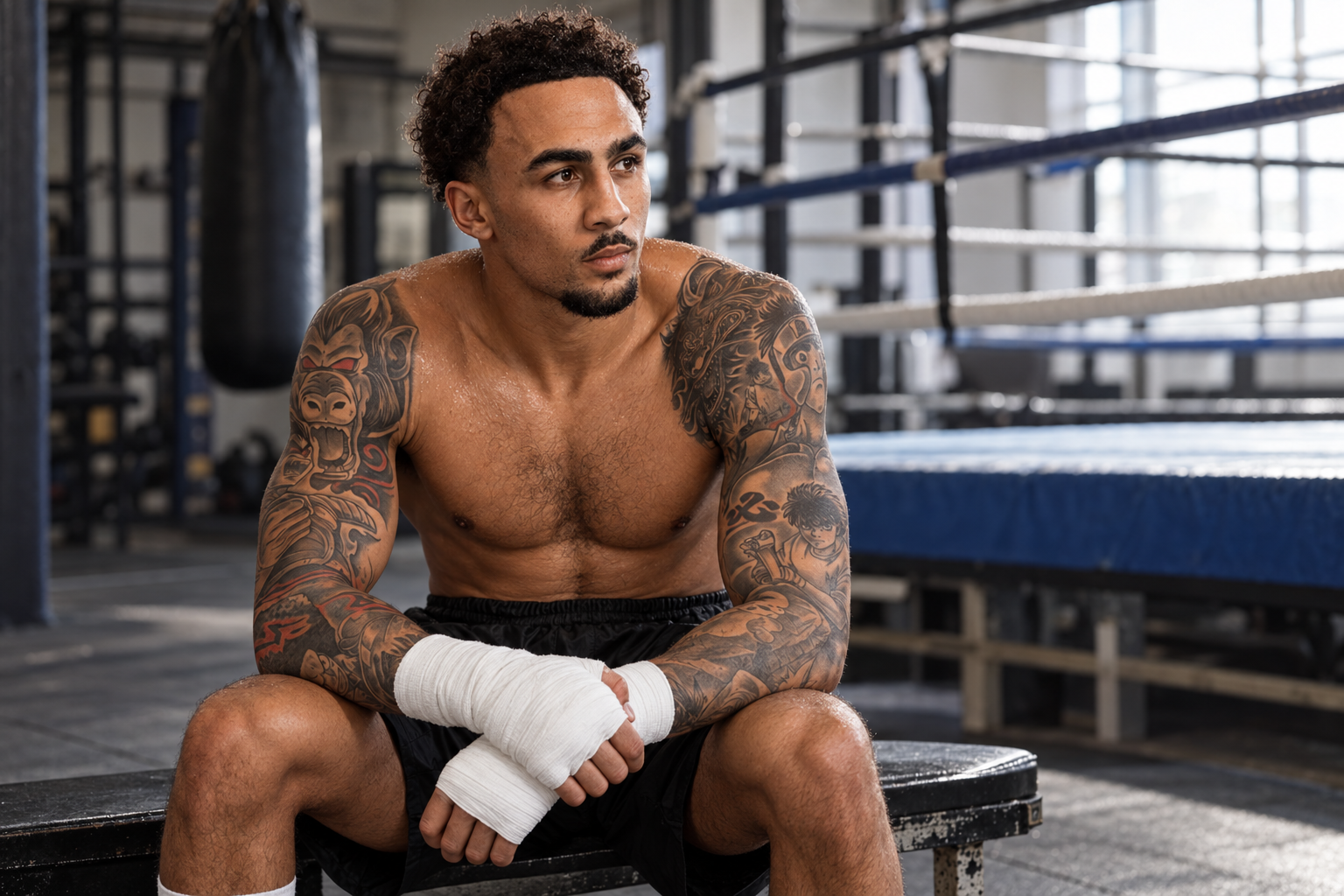 AI-generated editorial illustration of Ben Whittaker preparing for a gym session