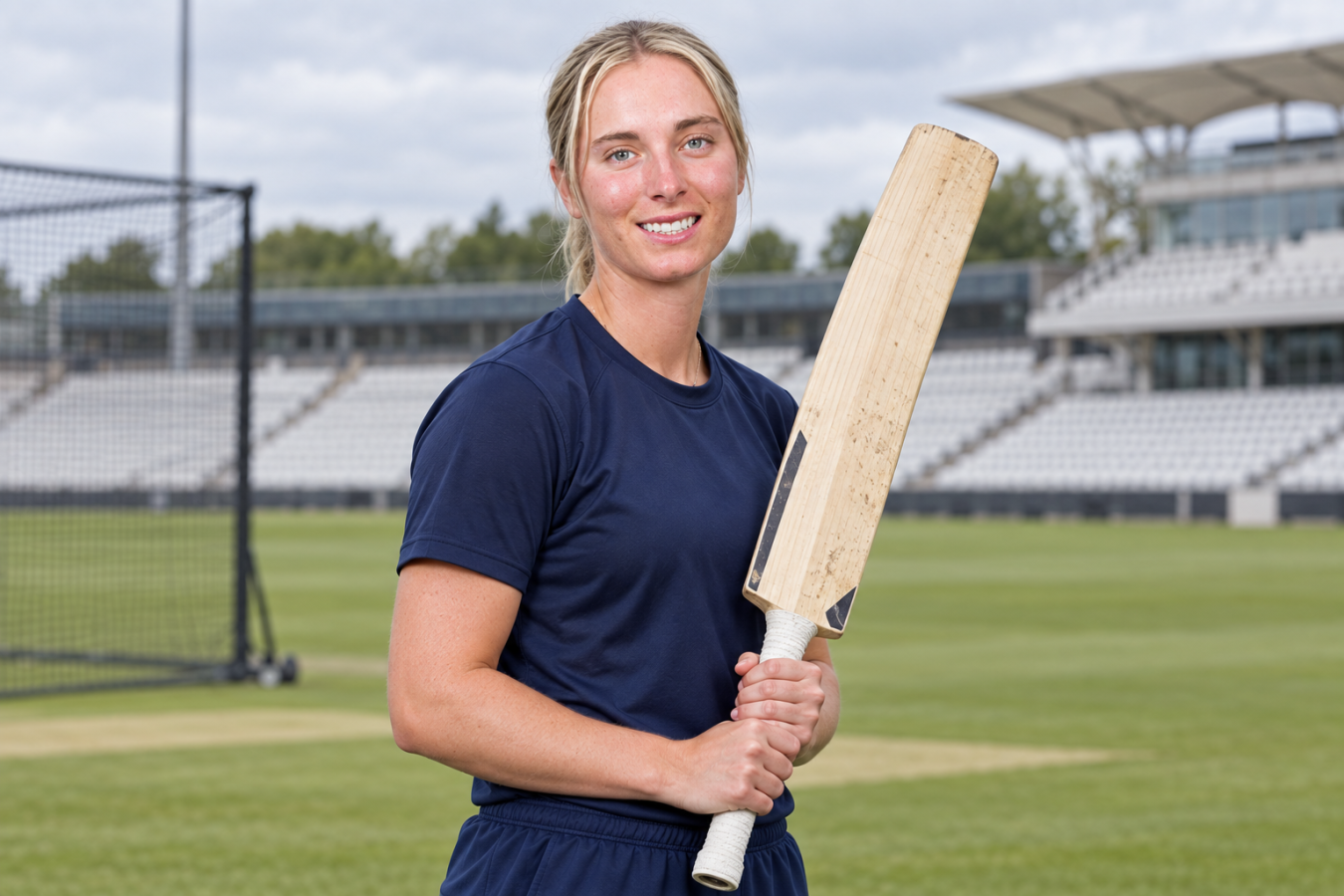 AI-generated editorial illustration of Freya Kemp at cricket training with a bat