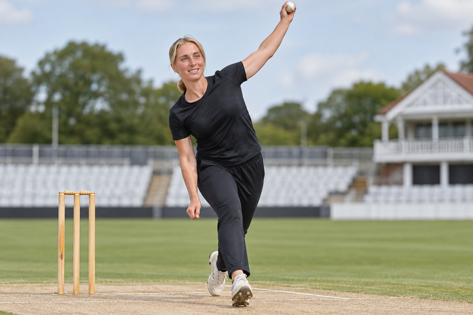 AI-generated editorial illustration of Freya Kemp practising bowling