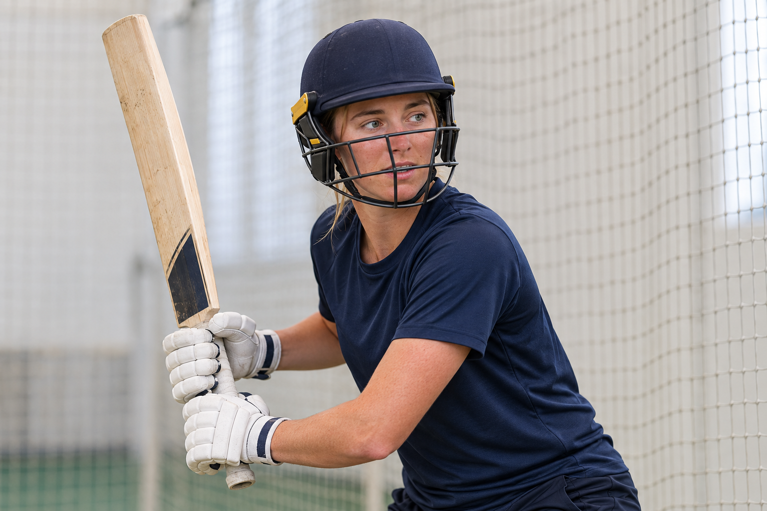AI-generated editorial illustration of Freya Kemp practising batting
