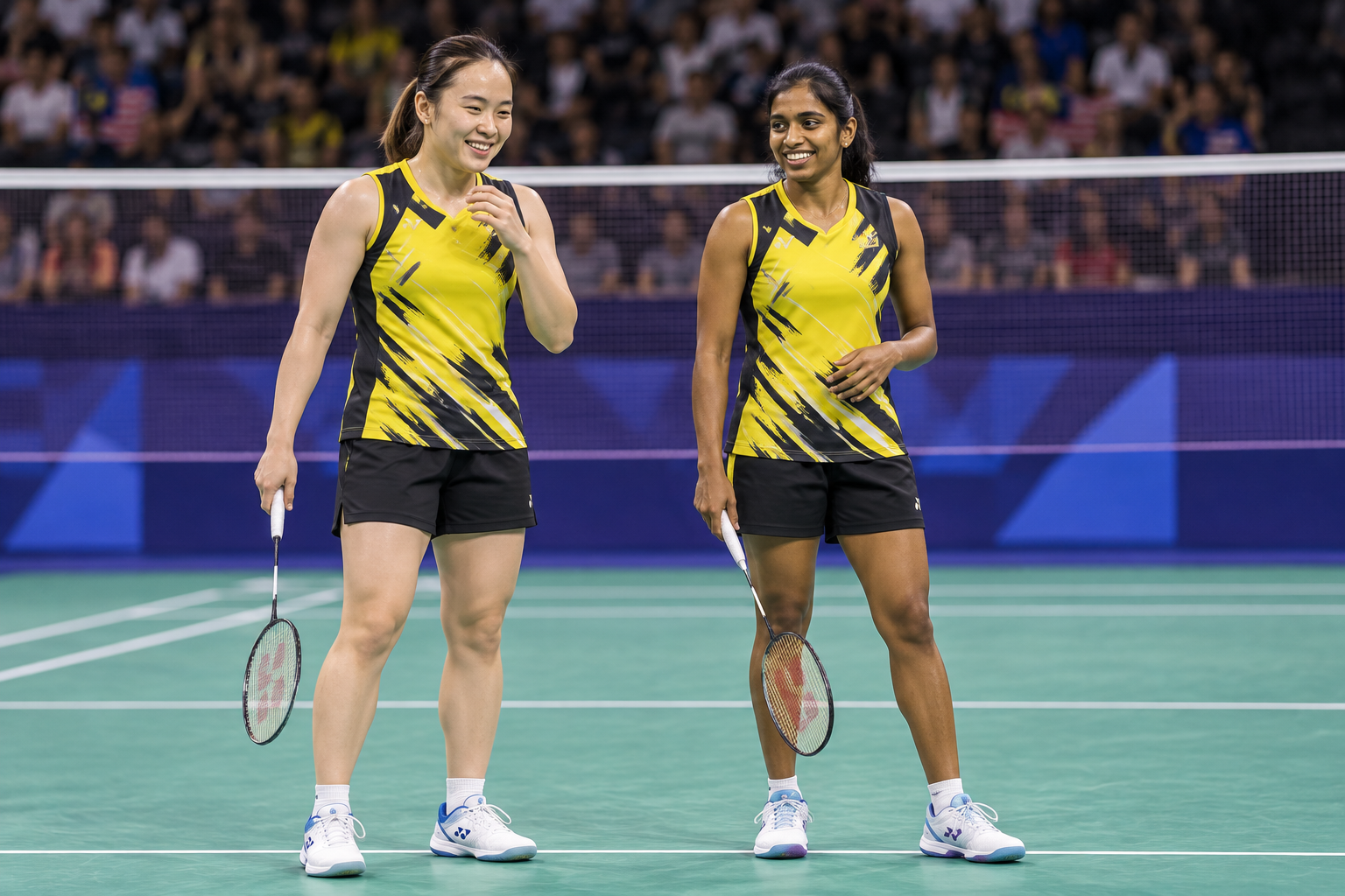 AI-generated editorial illustration of Pearly Tan and Thinaah Muralitharan on a badminton court