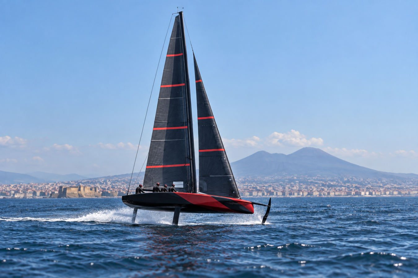 AI-generated editorial illustration of a Luna Rossa-style AC40 sailing on the Bay of Naples