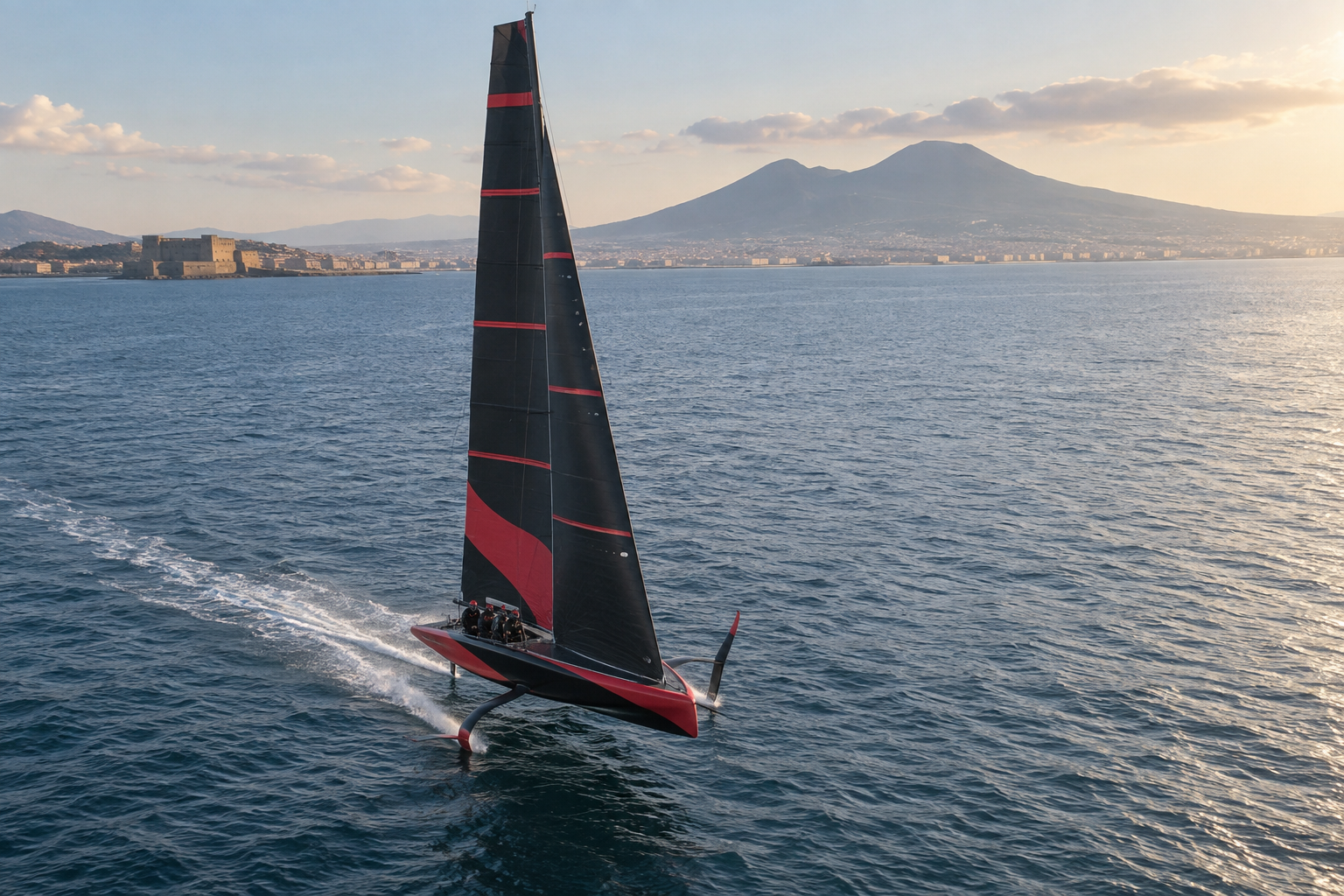 AI-generated editorial illustration of a Luna Rossa-style AC40 sailing on the Bay of Naples
