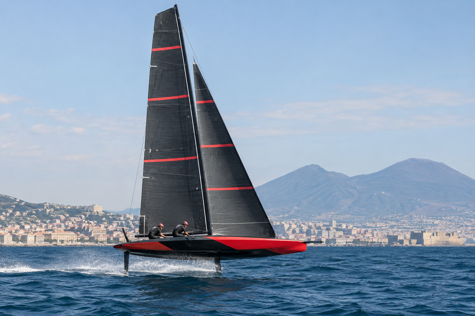 AI-generated editorial illustration of a Luna Rossa-style AC40 sailing on the Bay of Naples