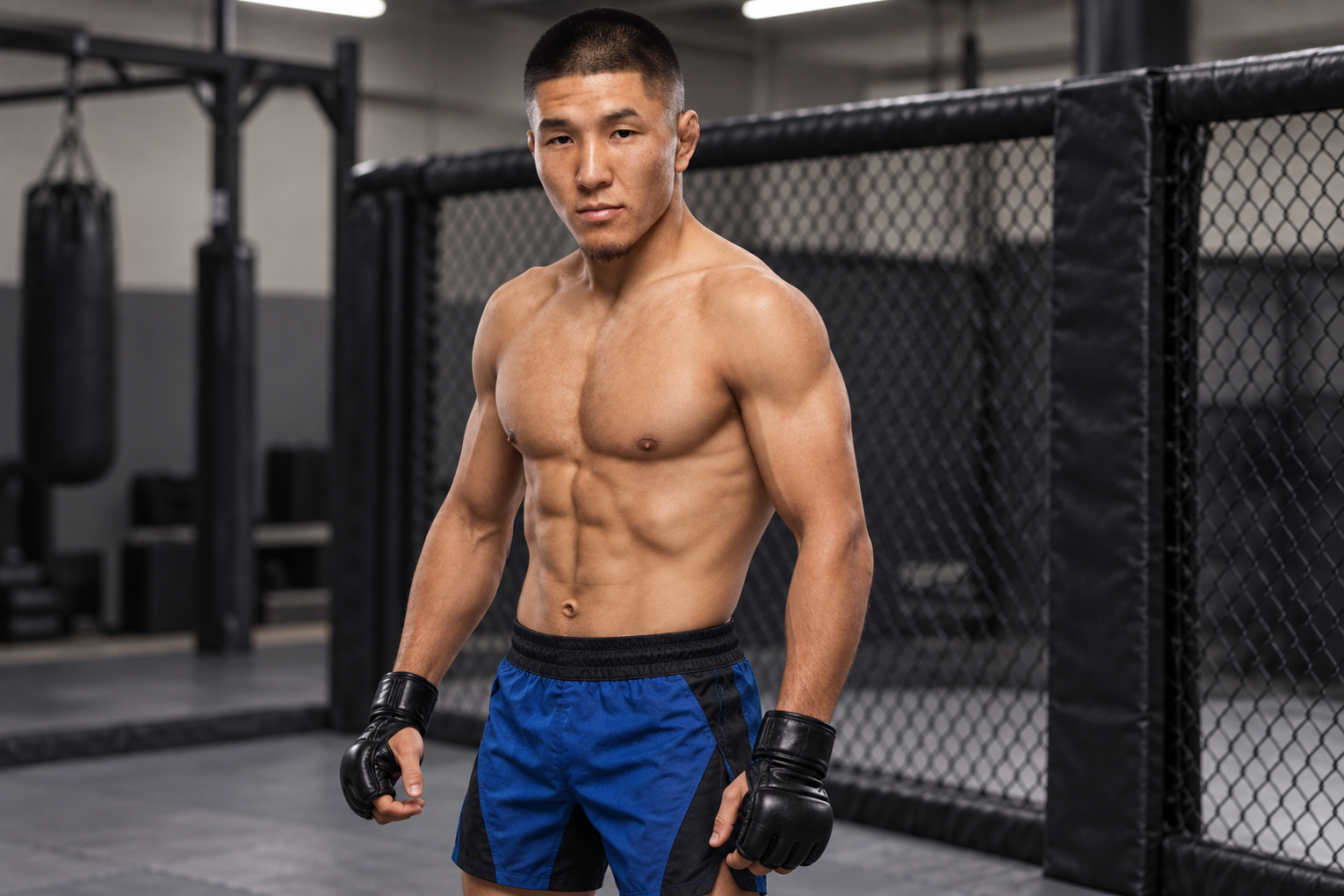AI-generated editorial illustration of Ilimbek Akylbek training for mixed martial arts