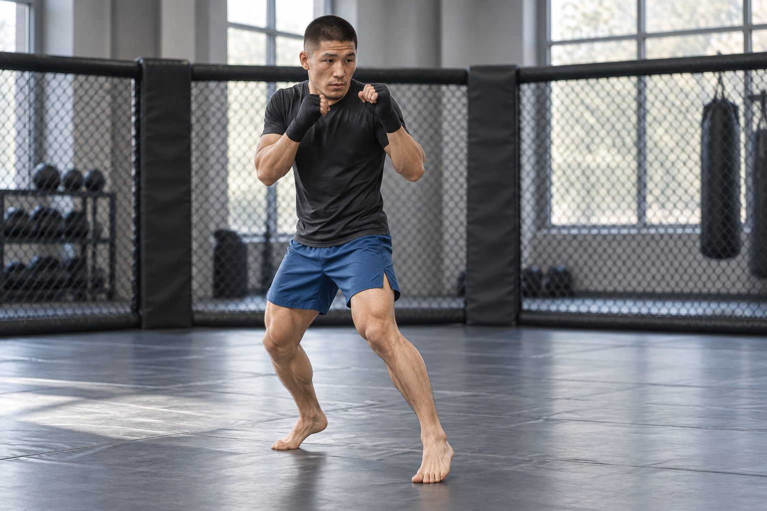 AI-generated editorial illustration of Ilimbek Akylbek training for mixed martial arts