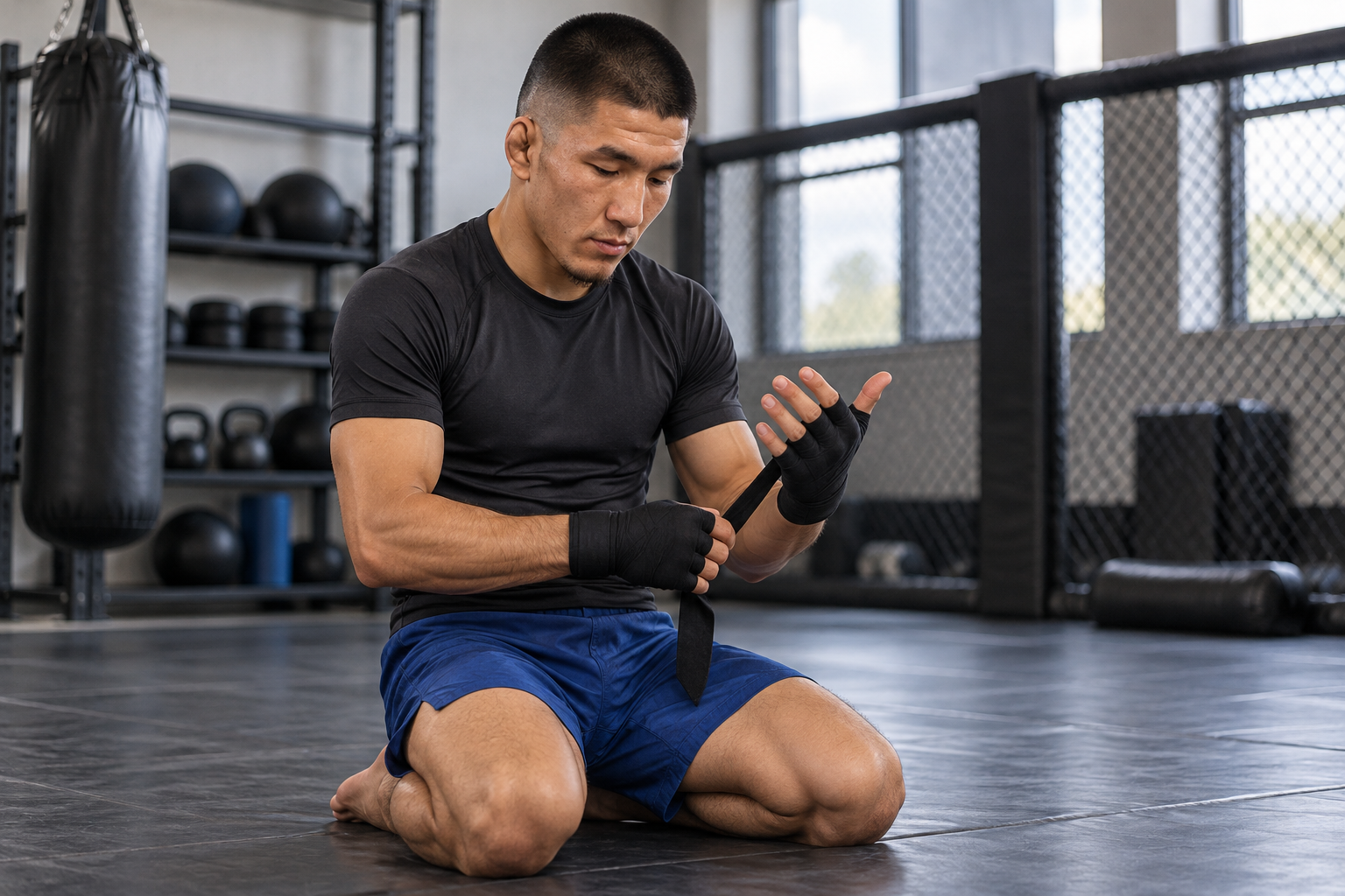 AI-generated editorial illustration of Ilimbek Akylbek training for mixed martial arts