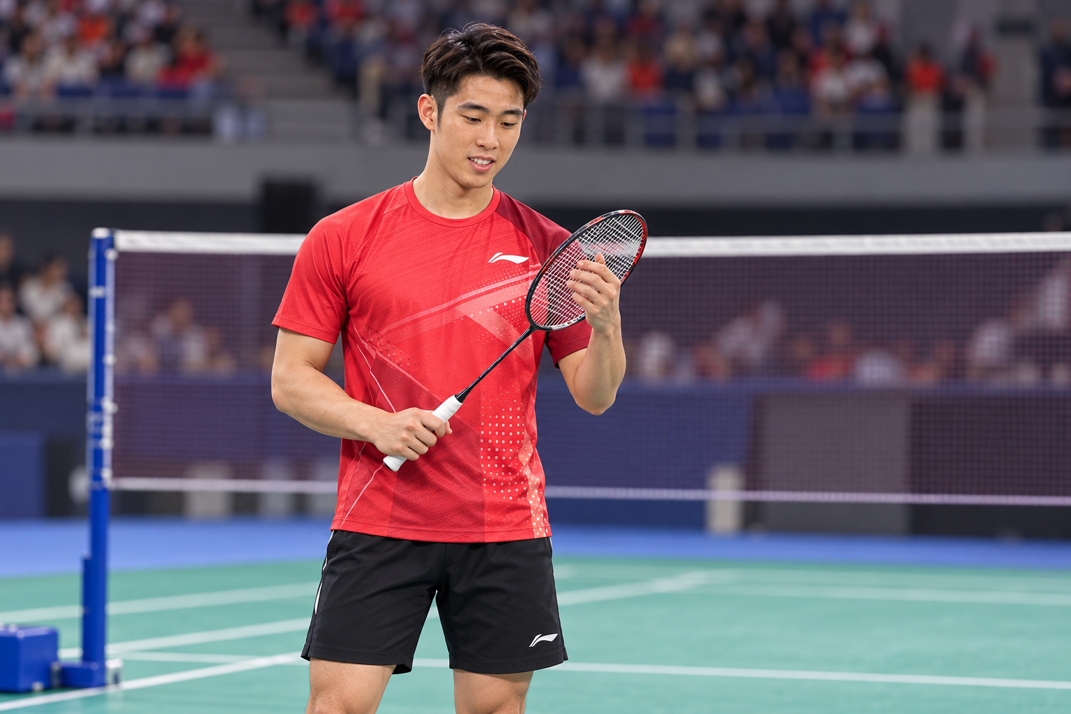 AI-generated editorial illustration of Singapore badminton player Loh Kean Yew