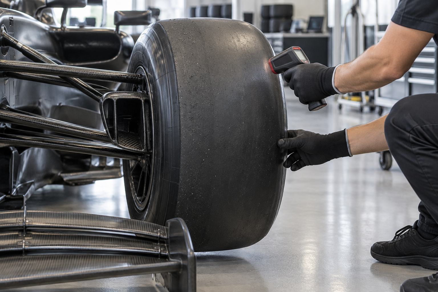 AI-generated editorial illustration of Formula 1 tyre development