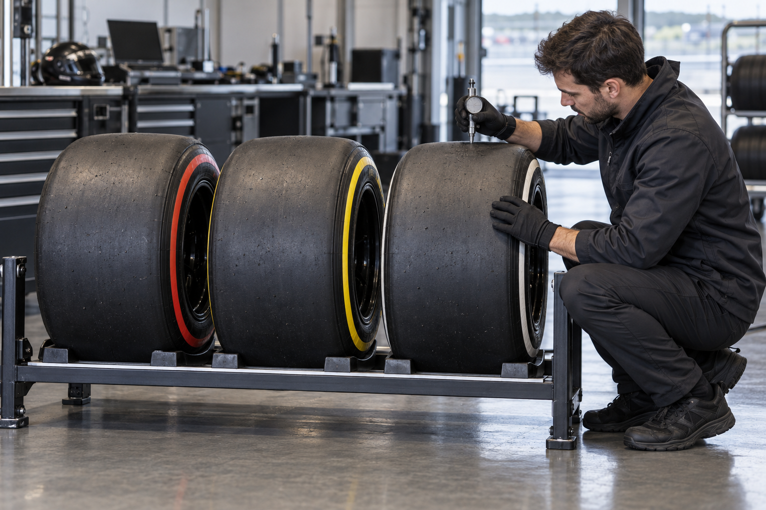 AI-generated editorial illustration of Formula 1 tyre development