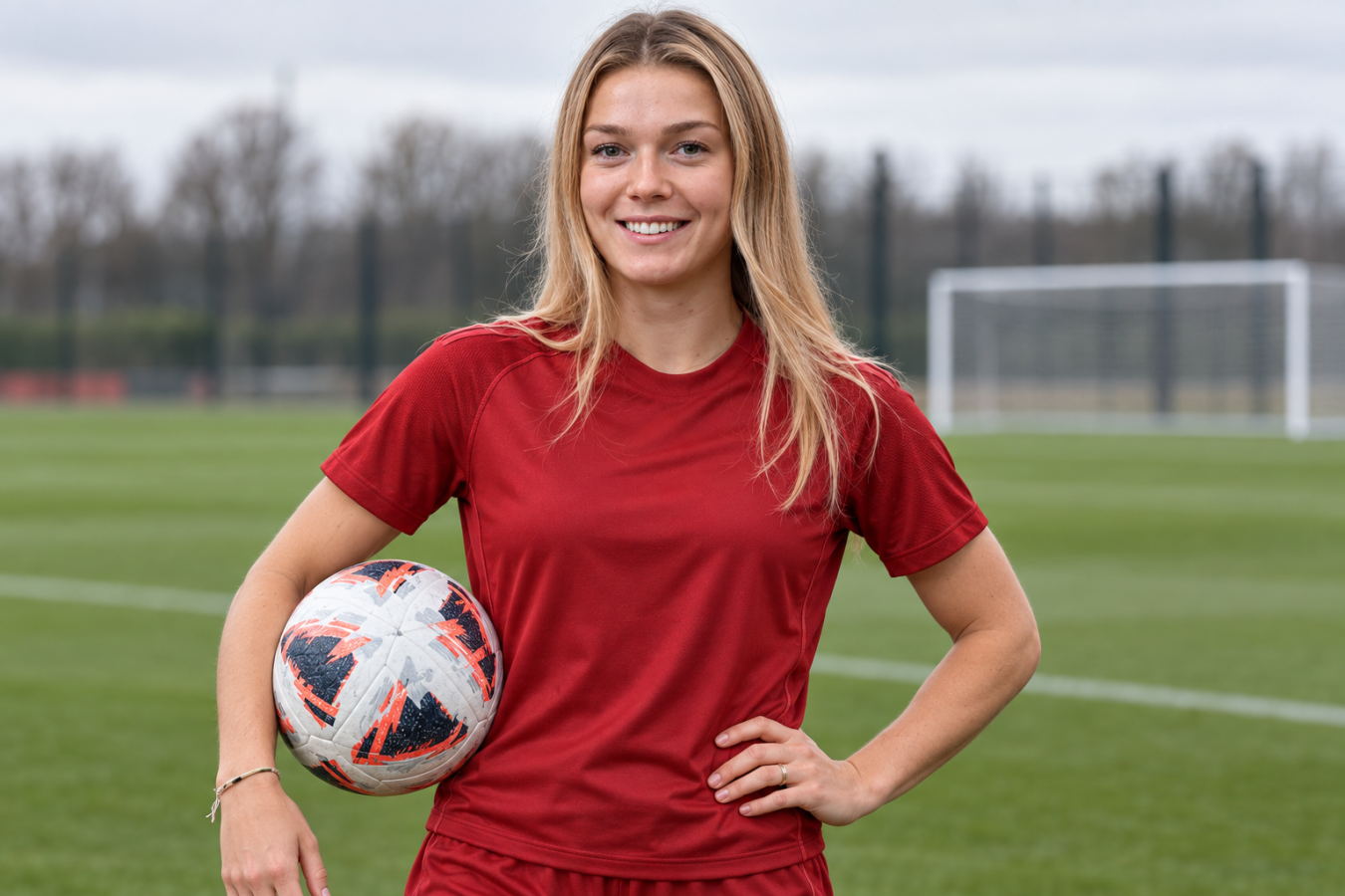 AI-generated editorial illustration of Beata Olsson at football training