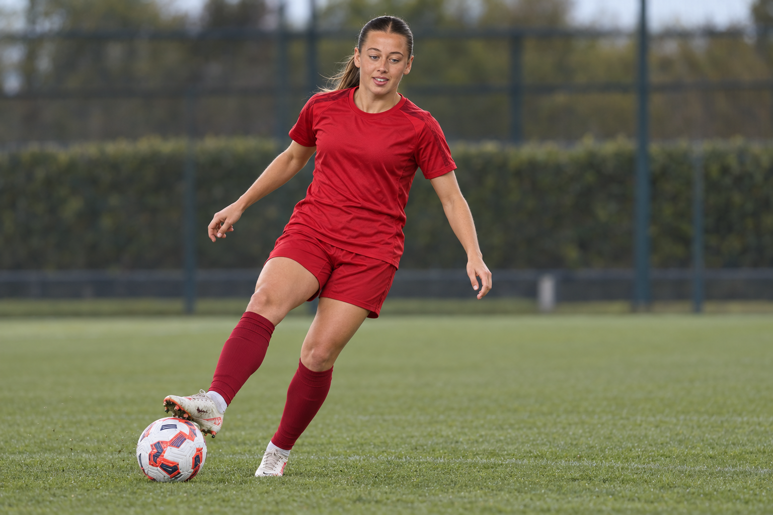 AI-generated editorial illustration of Cornelia Kapocs practising on a football pitch