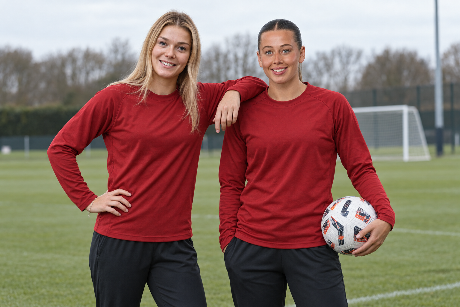 AI-generated editorial illustration of Beata Olsson and Cornelia Kapocs at football training