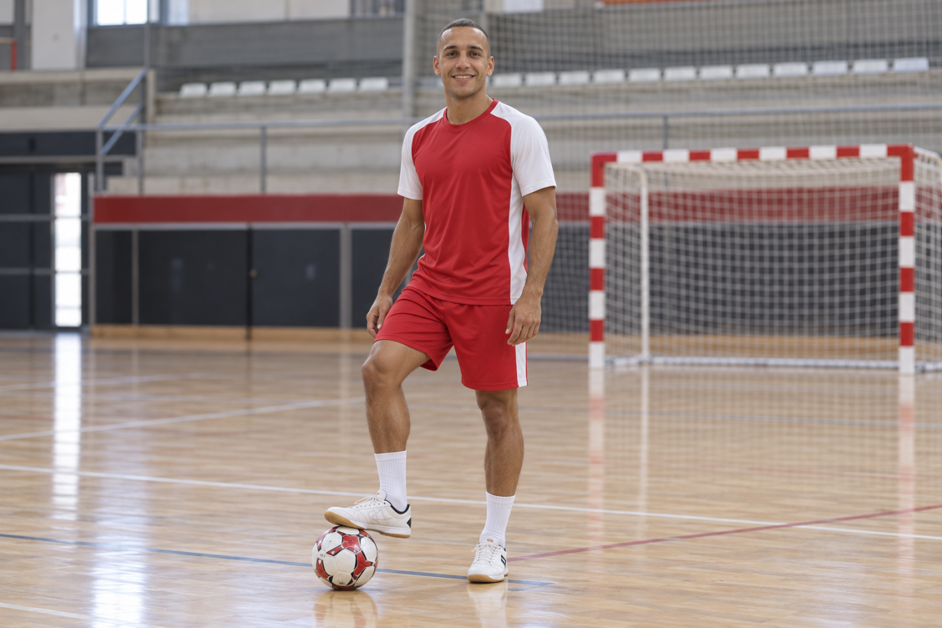 AI-generated editorial illustration of Noia player Biel on an indoor futsal training court