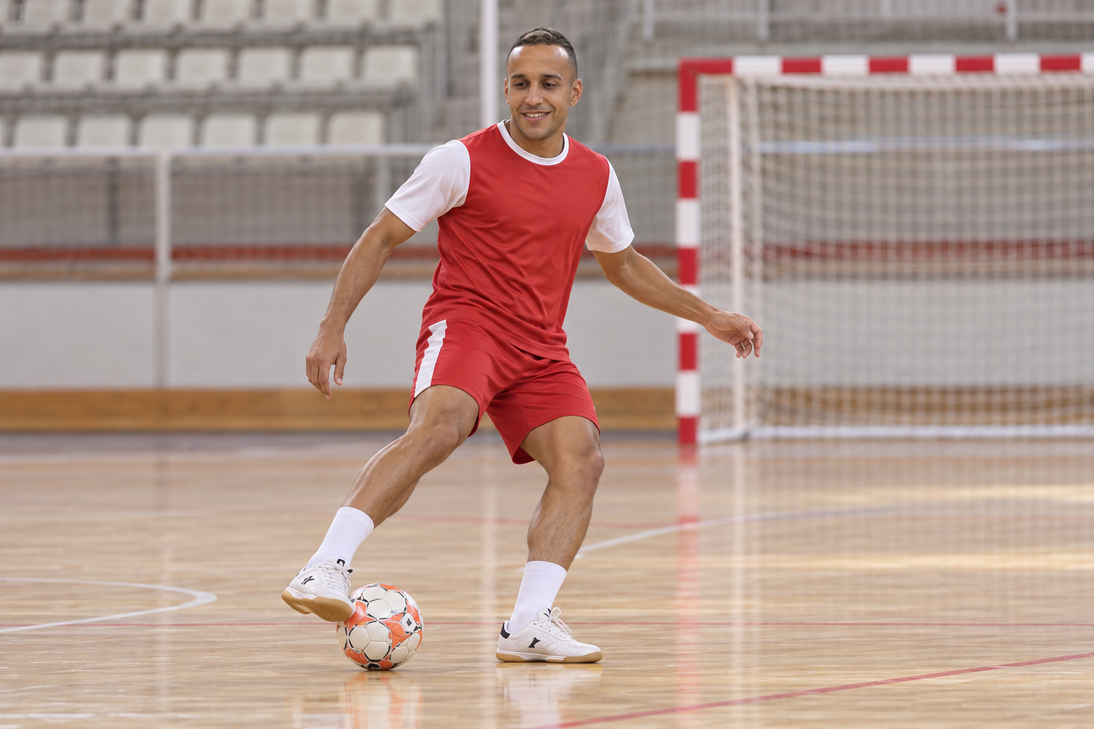 AI-generated editorial illustration of Biel controlling a futsal ball at practice