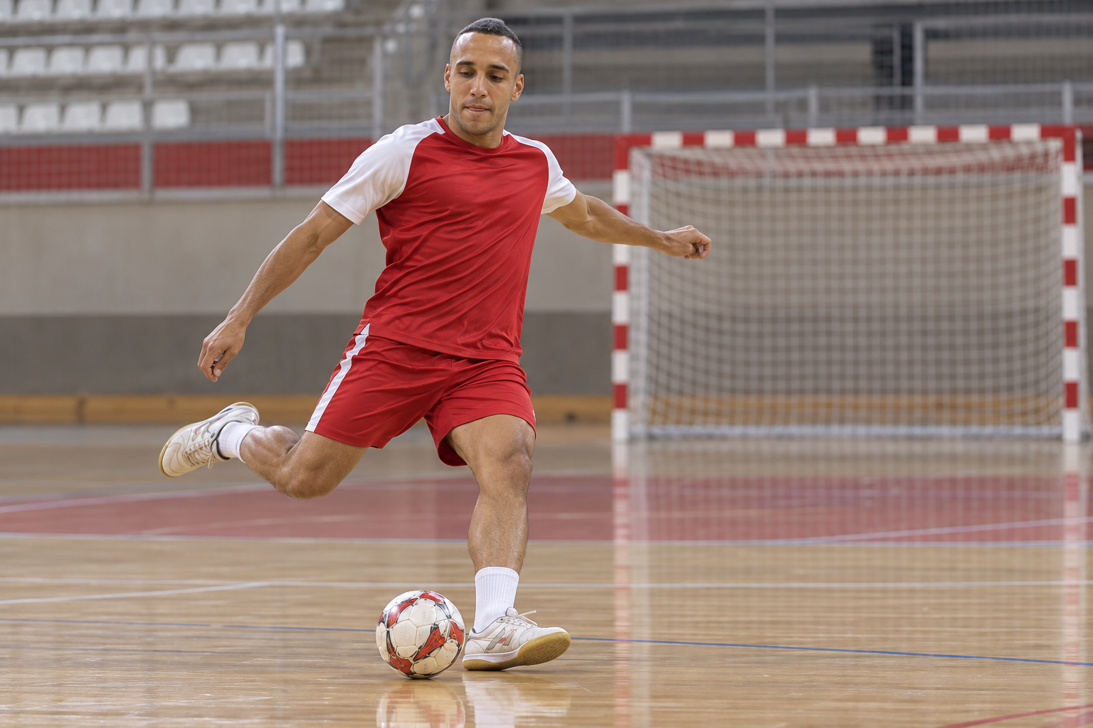 AI-generated editorial illustration of Biel practising a futsal shot