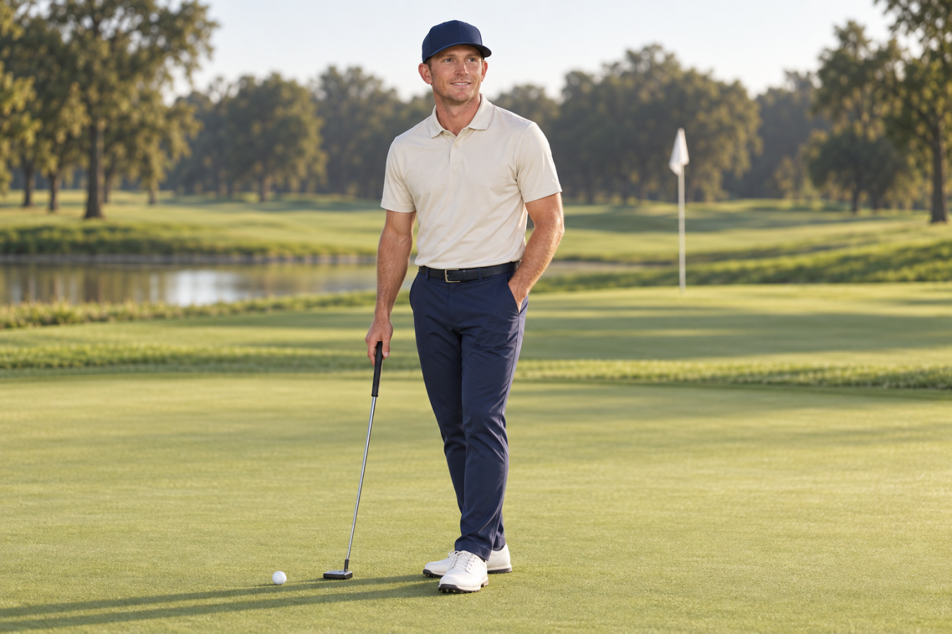 AI-generated editorial illustration of Jacob Bridgeman on a golf practice green