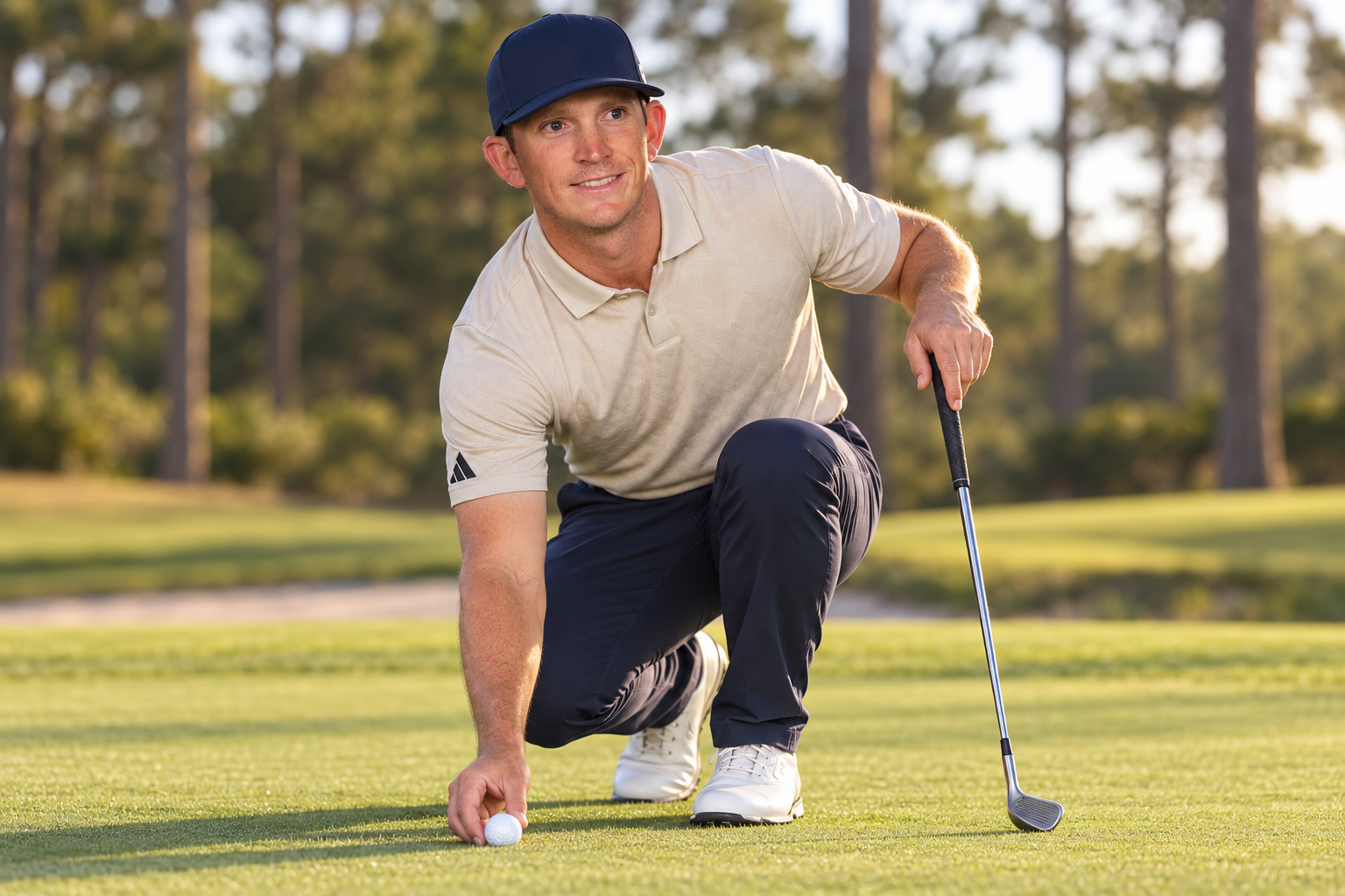 AI-generated editorial illustration of Jacob Bridgeman setting a ball on a practice green