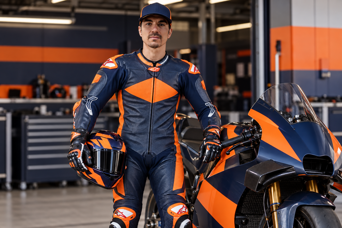 AI-generated editorial illustration of Maverick Viñales beside a MotoGP-style bike in a garage