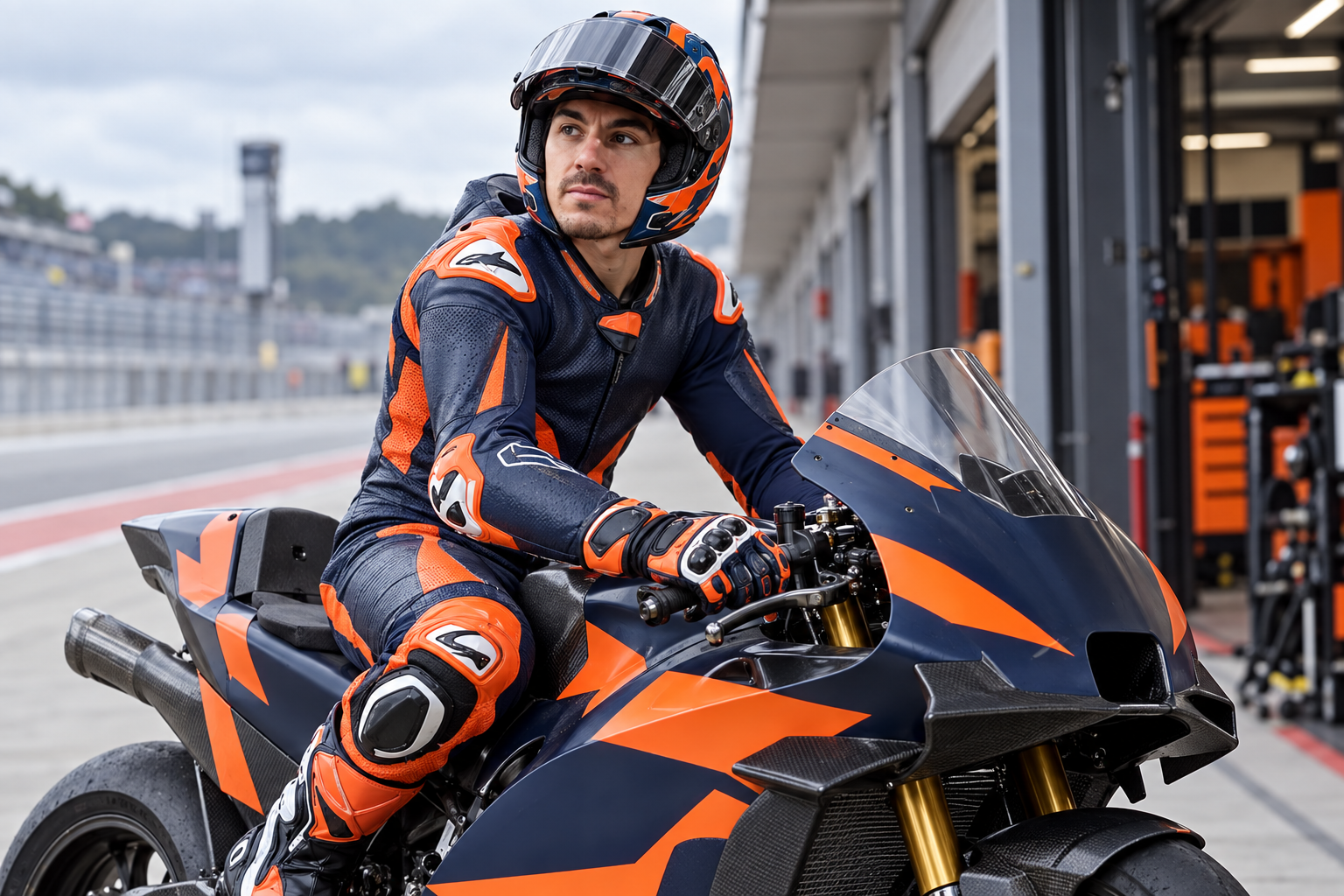 AI-generated editorial illustration of Maverick Viñales on a stationary MotoGP-style bike