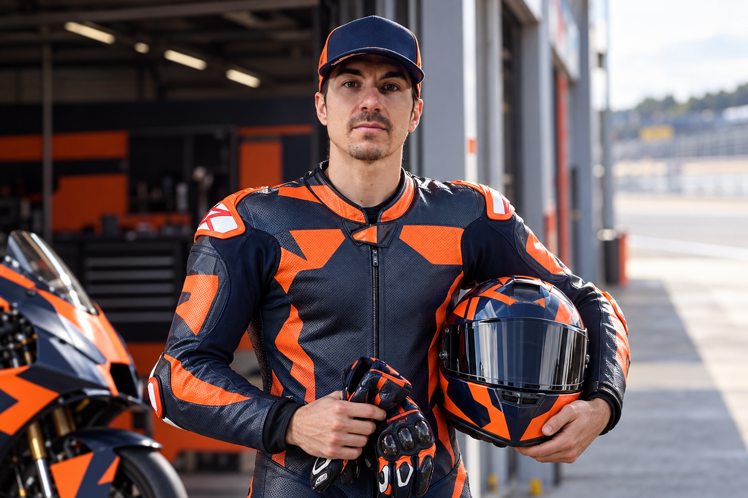 AI-generated editorial illustration of Maverick Viñales holding his helmet at a garage