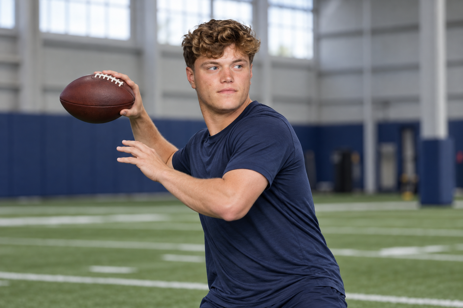 AI-generated editorial illustration of J.J. McCarthy practising a pass