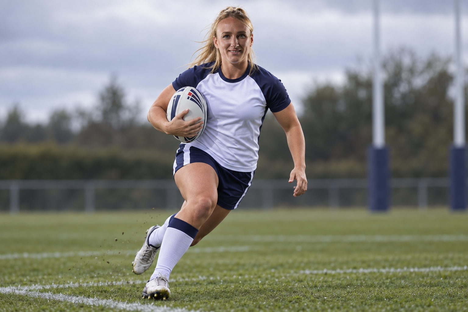 AI-generated editorial illustration of Jodie Cunningham running a ball-carrying drill