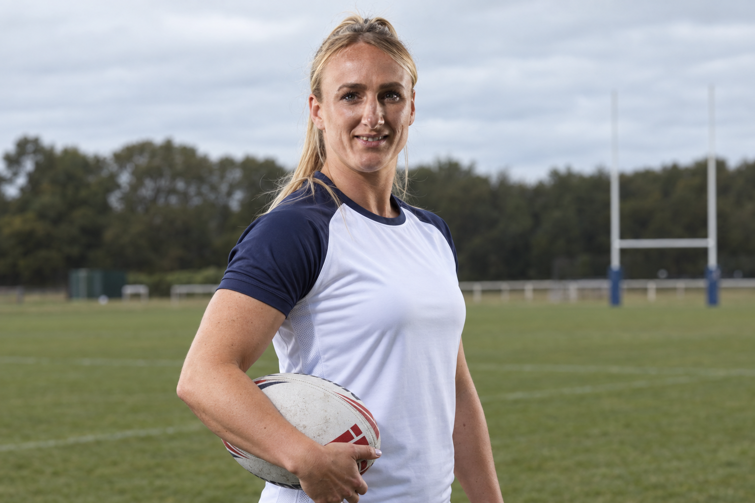 AI-generated editorial illustration of Jodie Cunningham on a rugby league training pitch