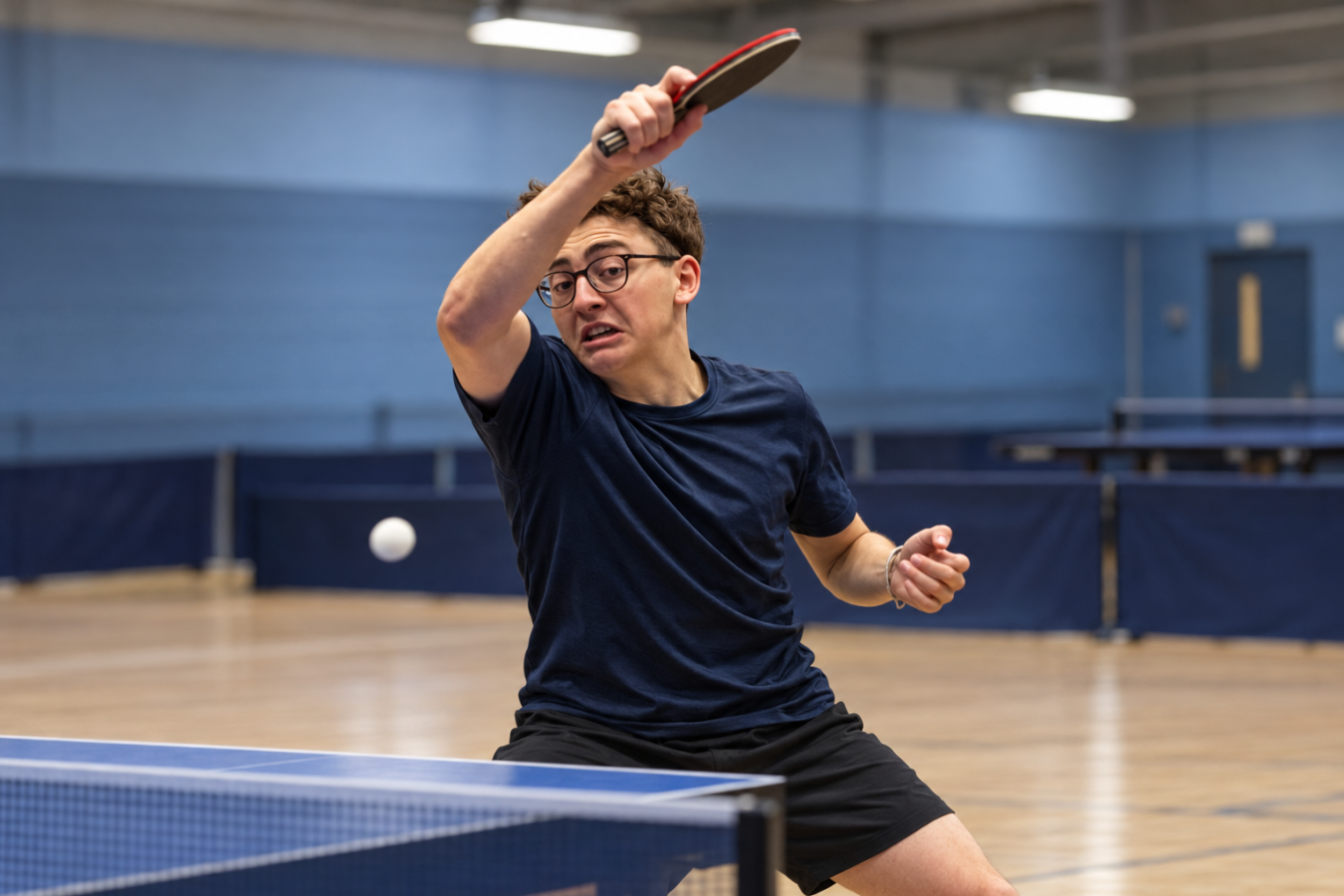 AI-generated editorial illustration of Isaac Kingham practising a table tennis forehand