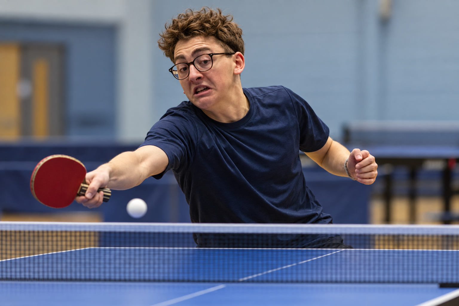 AI-generated editorial illustration of Isaac Kingham practising a table tennis return