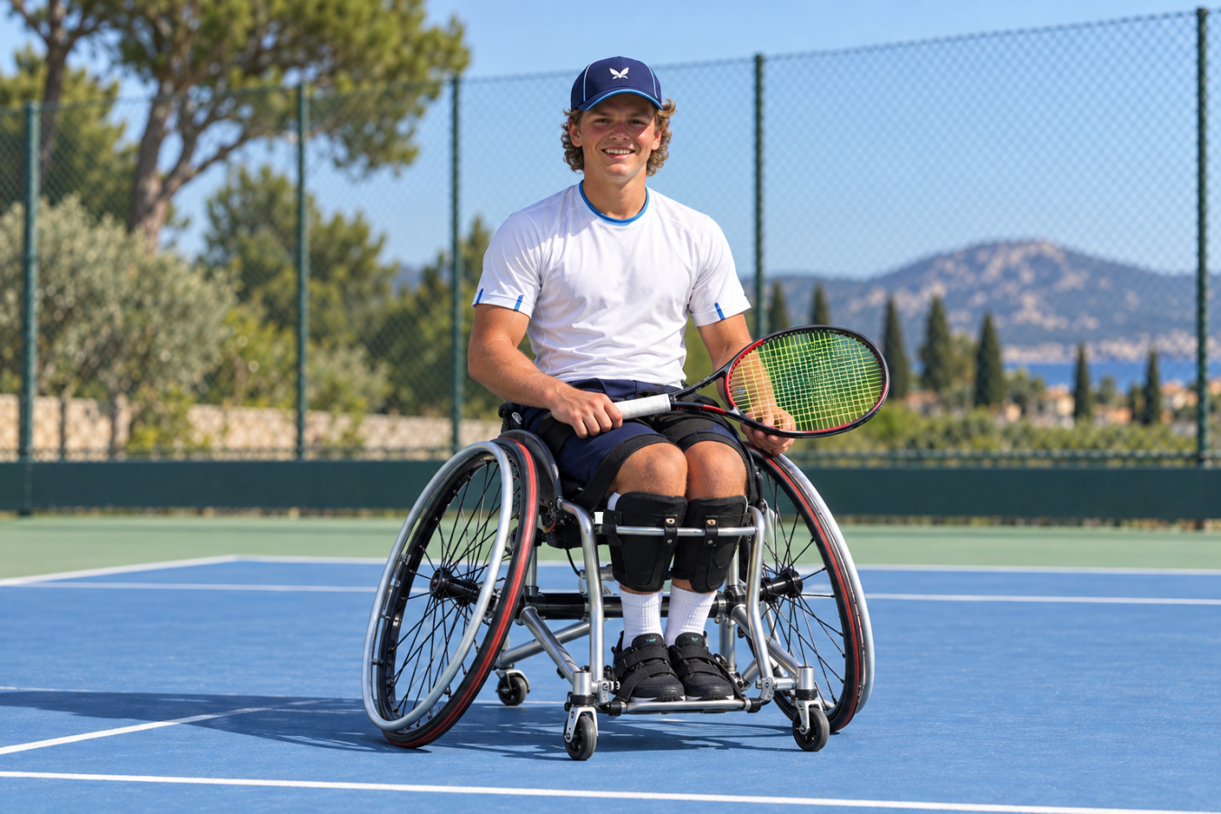 AI-generated editorial illustration of Ben Bartram in a sports wheelchair on a practice court