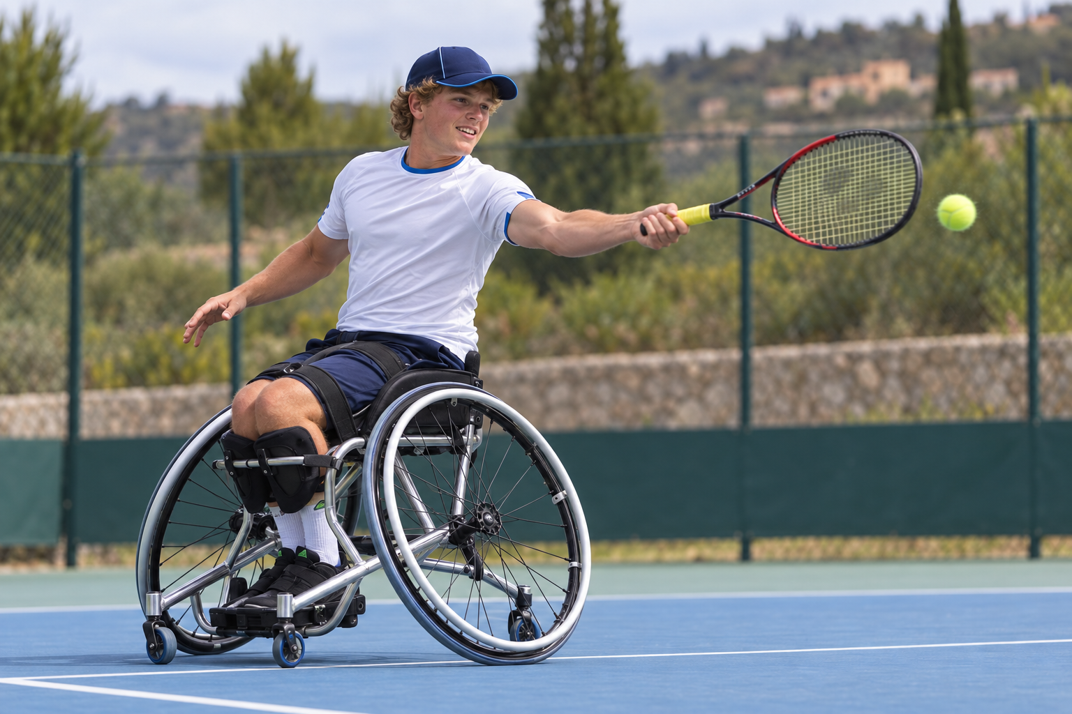 AI-generated editorial illustration of Ben Bartram practising a wheelchair tennis forehand