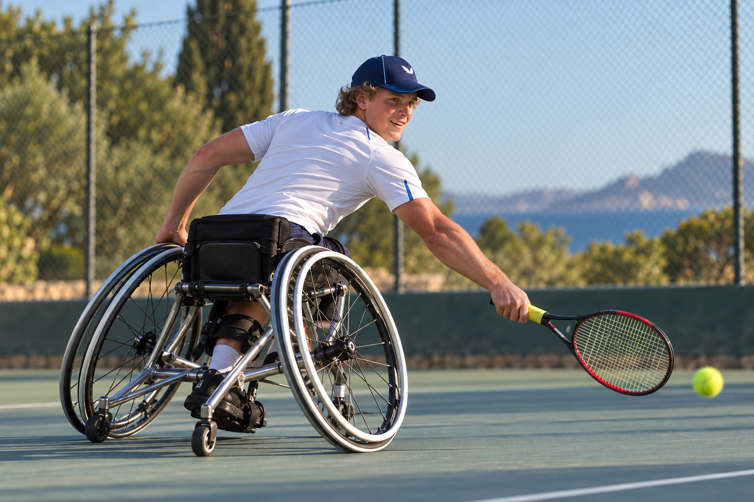 AI-generated editorial illustration of Ben Bartram moving across a wheelchair tennis practice court