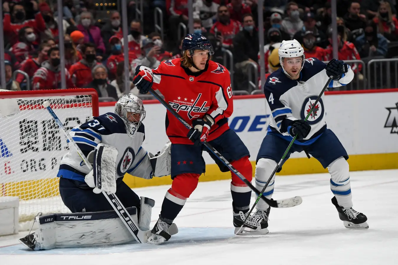 Connor Hellebuyck in goal for the Winnipeg Jets