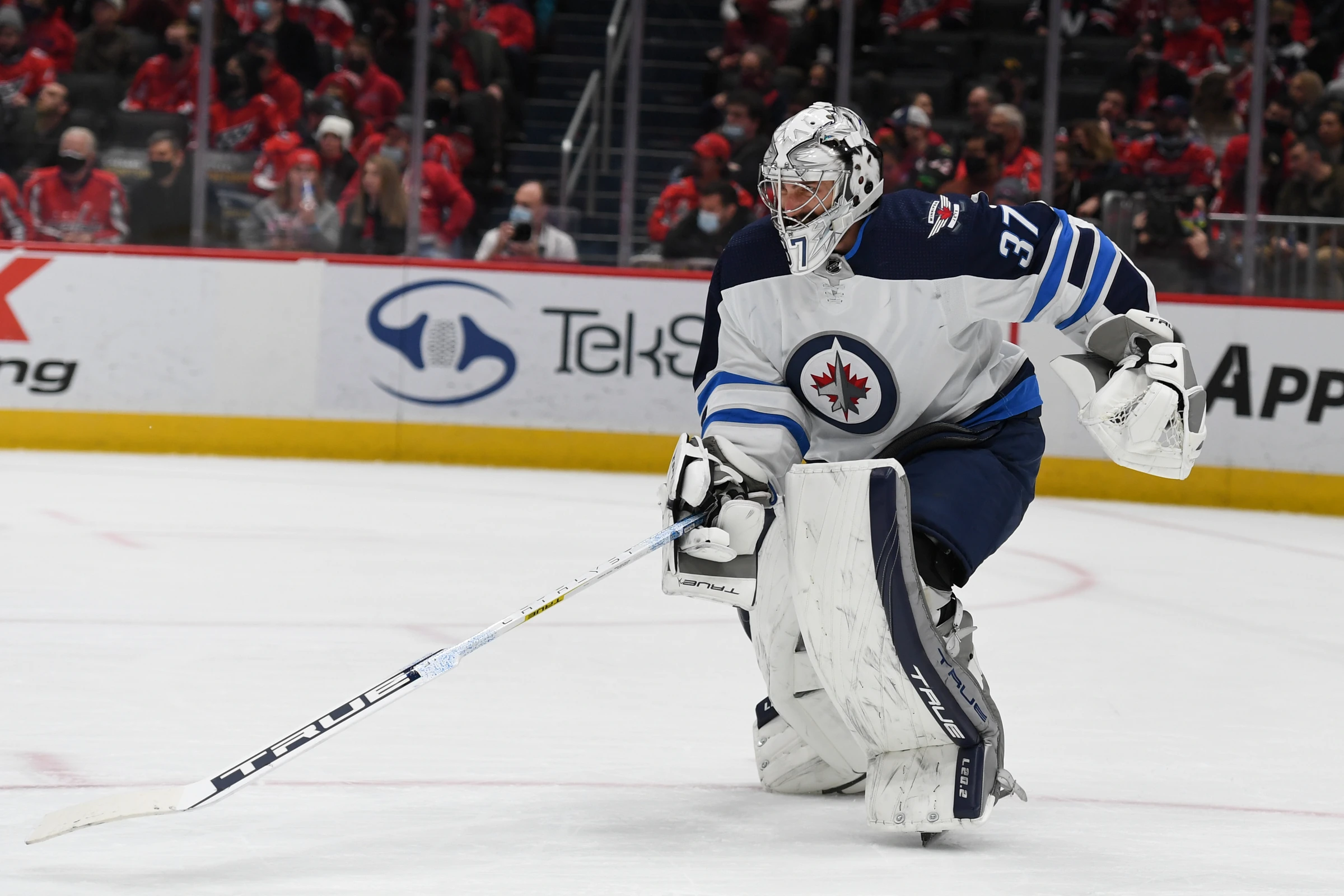 Connor Hellebuyck playing for the Winnipeg Jets