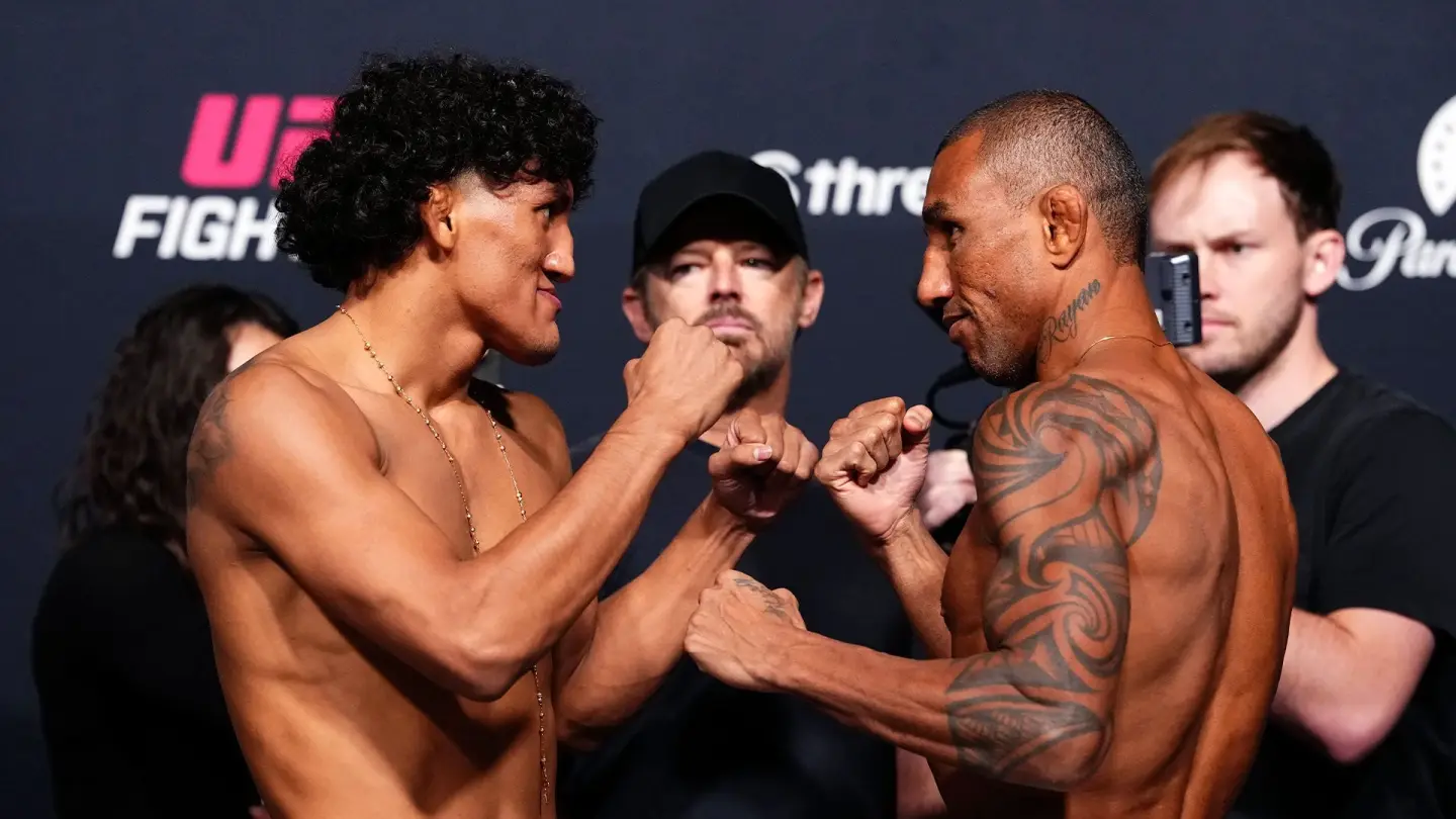 Raul Rosas Jr and Raoni Barcelos face off at the UFC Vegas 121 weigh-in