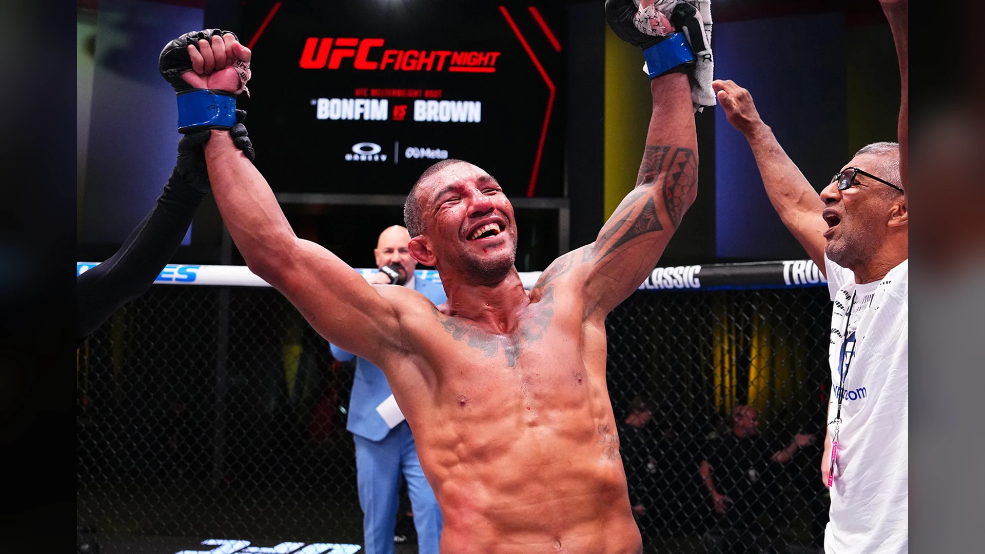 Raoni Barcelos celebrates a UFC victory at the UFC Apex
