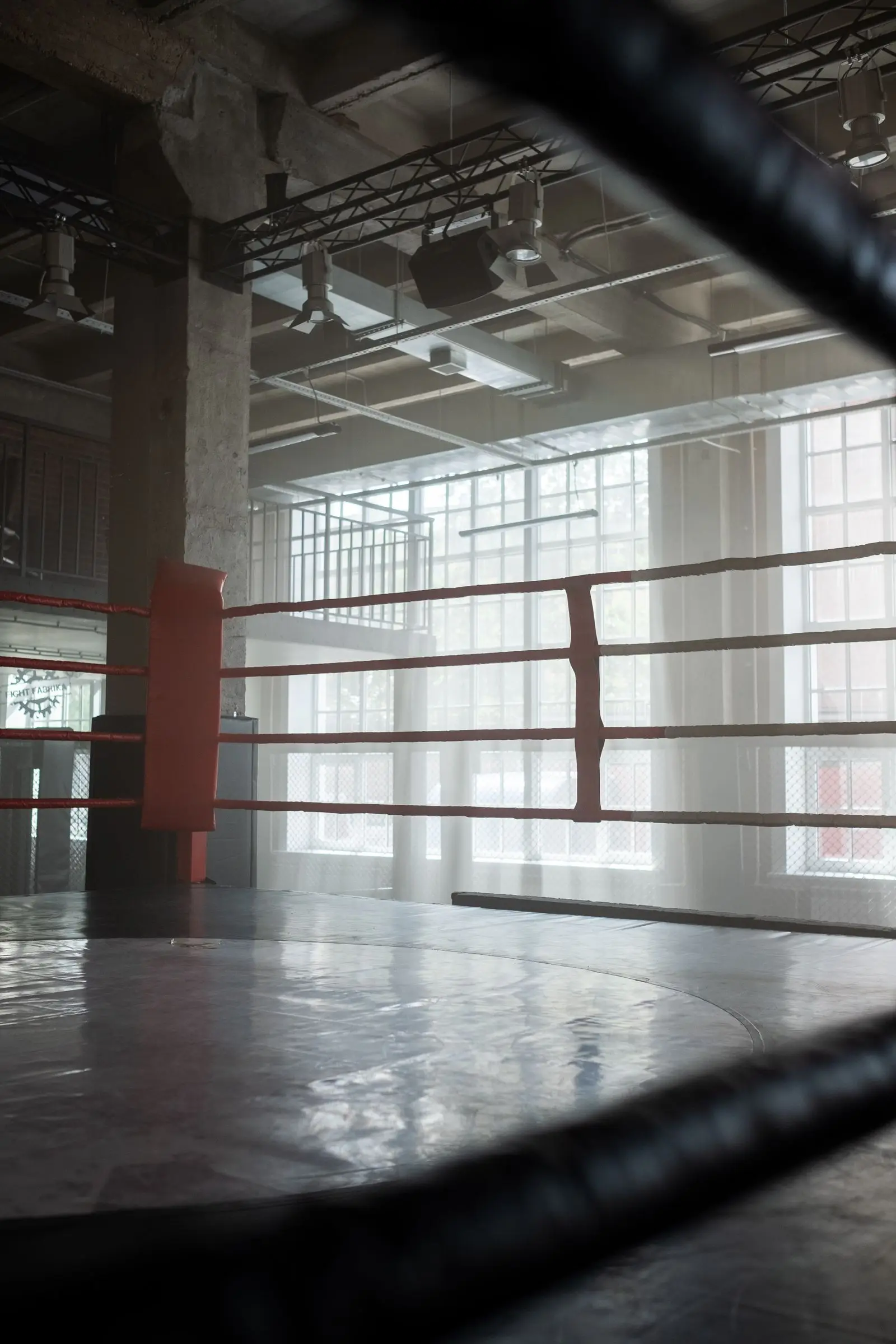 Boxing ring ropes in an indoor gym