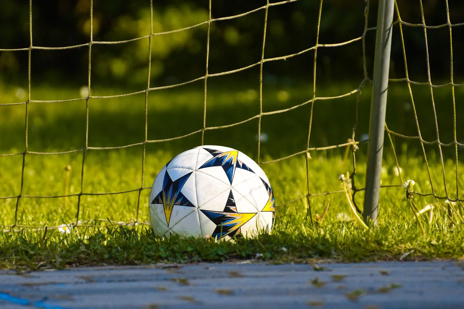 Football resting beside a goal net; illustrative photograph