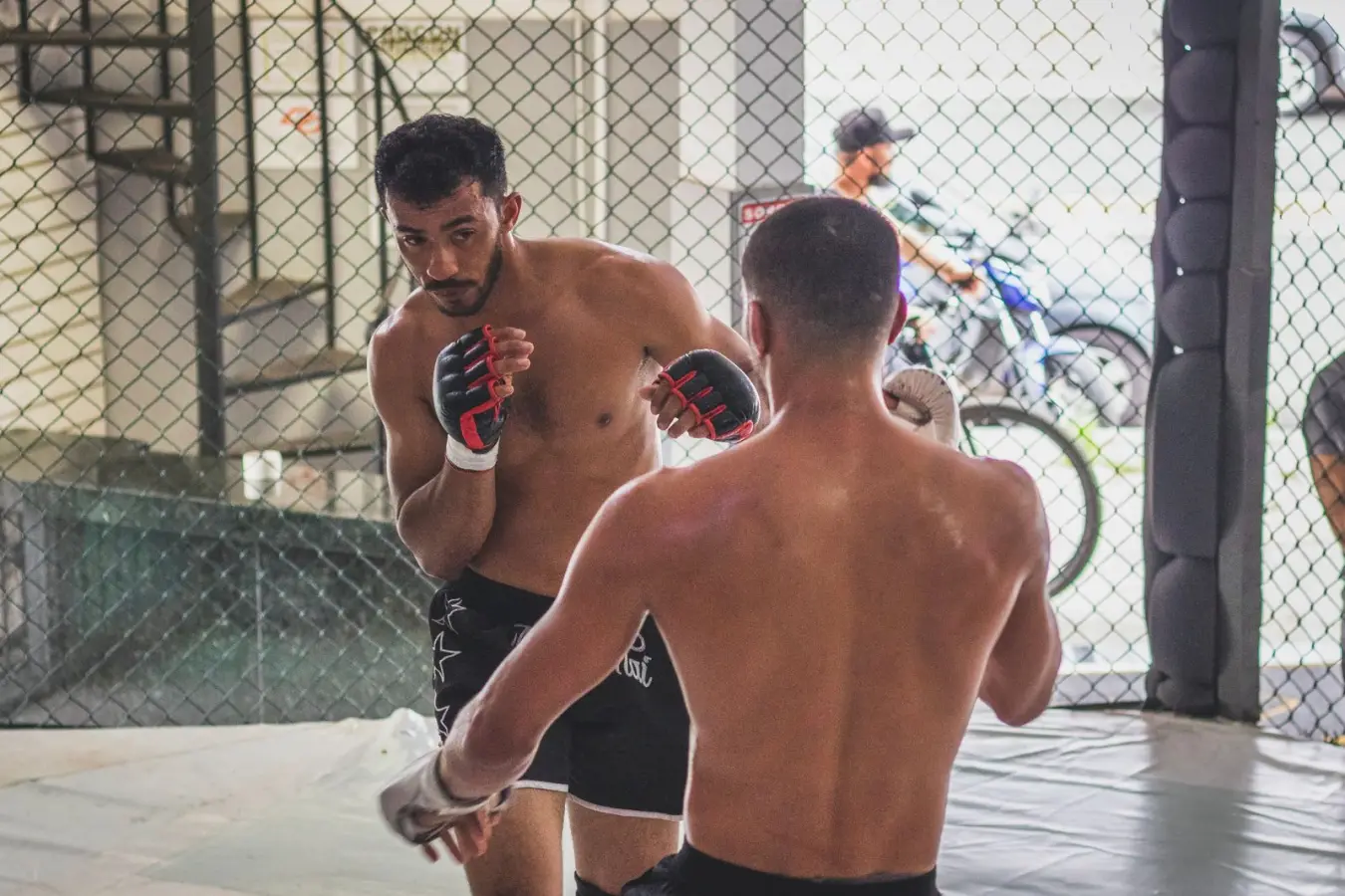 Two athletes sparring in an MMA training cage; illustrative photograph