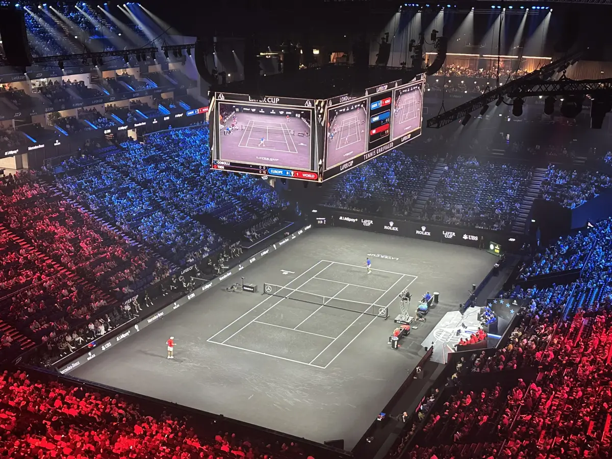 The Laver Cup court at the O2 Arena in London in 2026