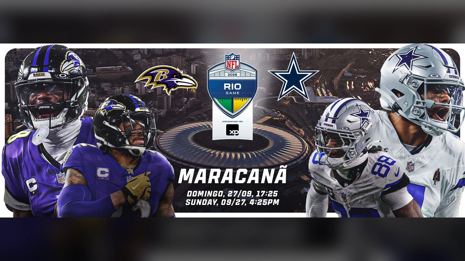 NFL Rio game promotion featuring Ravens and Cowboys players