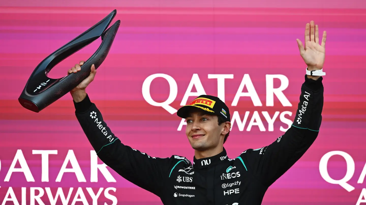 George Russell celebrates his Azerbaijan Grand Prix victory