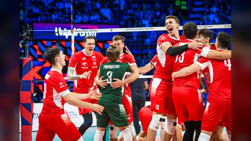 Poland players celebrate their EuroVolley final win