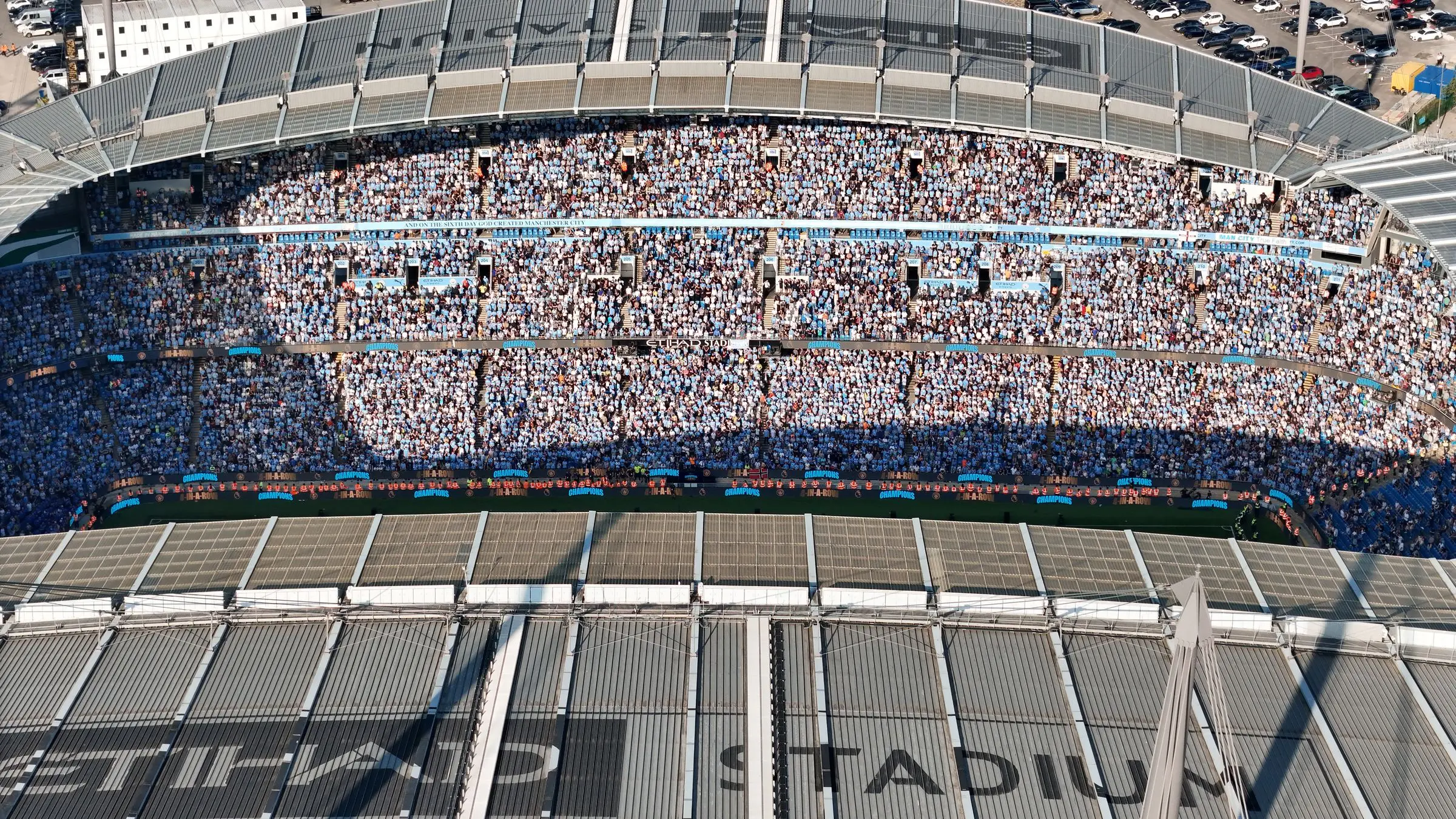 An archive aerial view of supporters at Manchester City’s Etihad Stadium