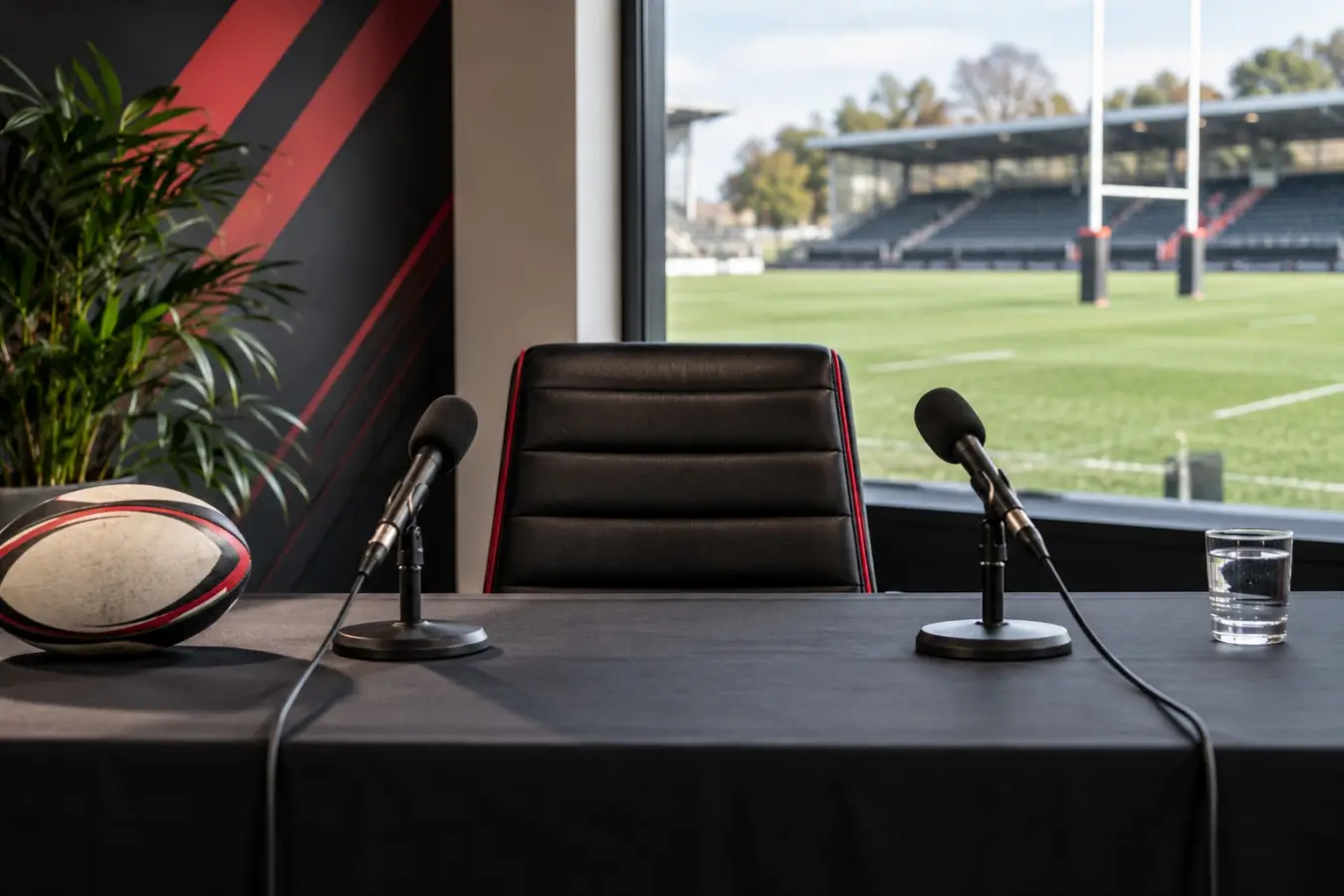 AI-generated editorial illustration of an empty rugby media room; not a real Saracens press conference