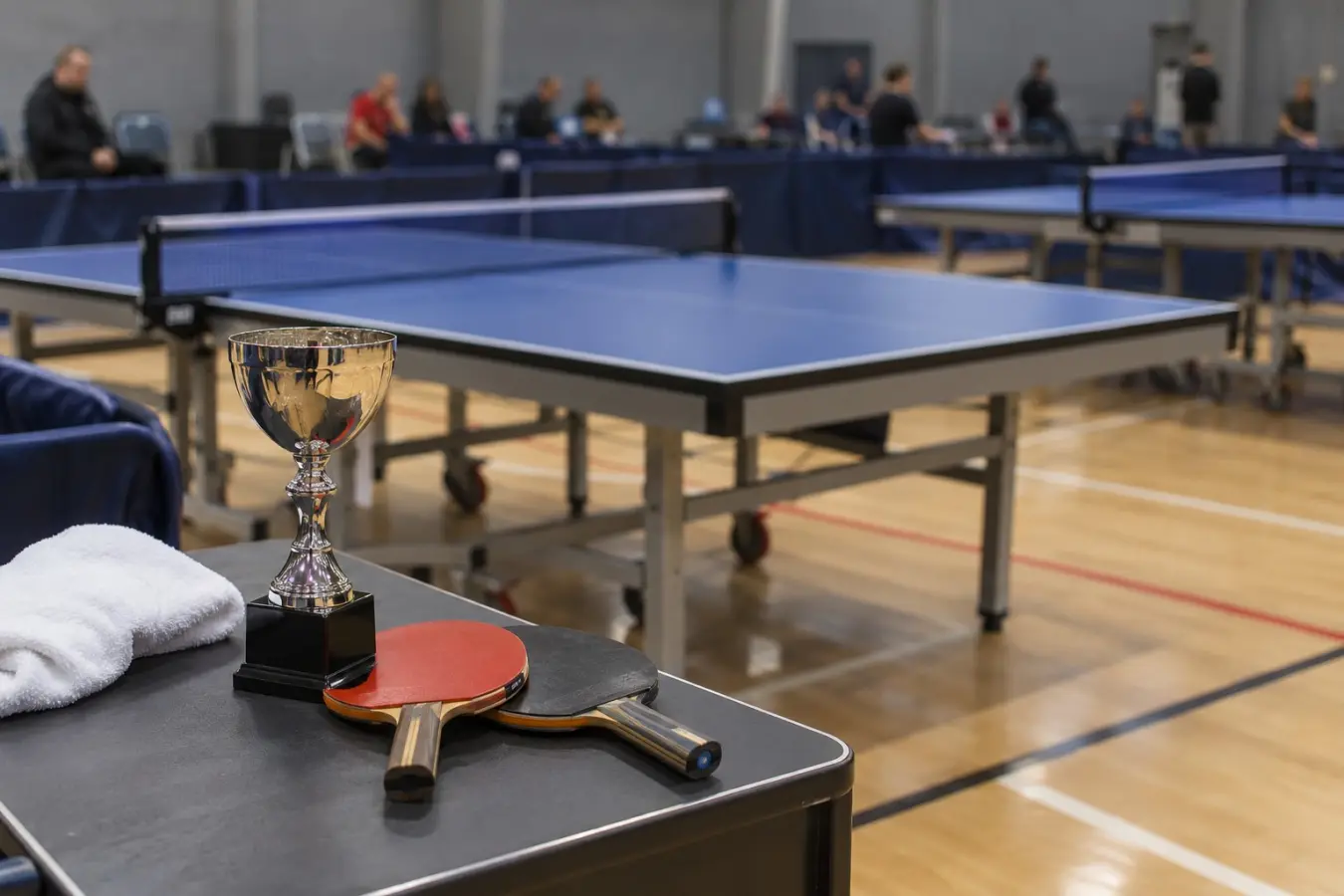 AI-generated illustration of table tennis tables and trophy; not a photograph of the Cleveland Junior 4* event